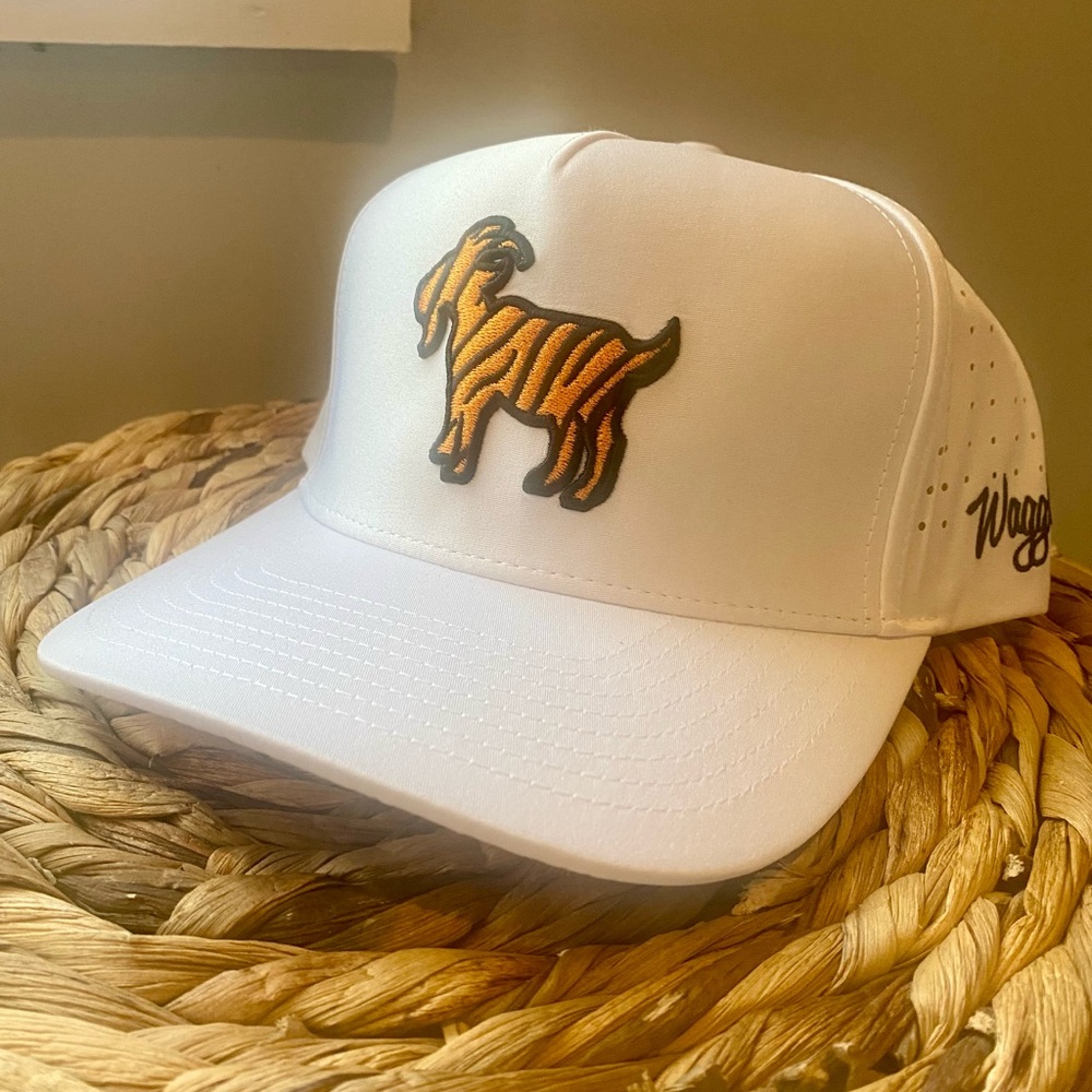 White Trucker Hat with Orange Goat Patch - Waggy